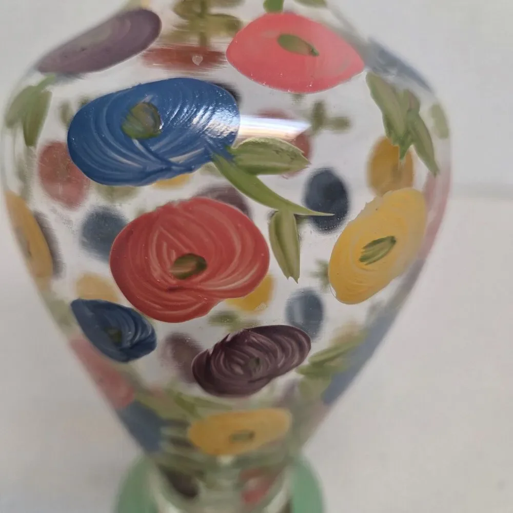 Tracy Porter Hand Painted blown Glass Vase Floral Design Ruffled Top 6.5”